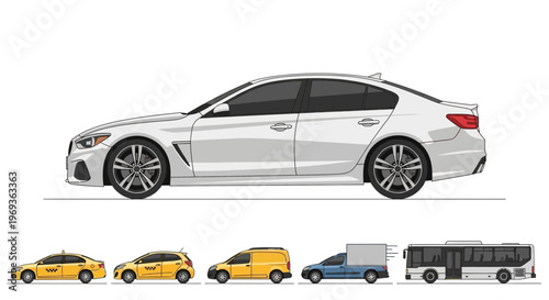 Variety of vehicles sedan taxi van truck and bus silhouettes