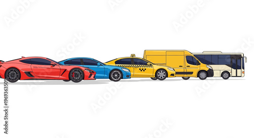 Variety of vehicles sports car sedan taxi van and bus isolated on white