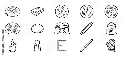 Collection of black outline icons representing various baking ingredients, tools, and finished bread products