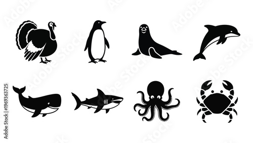 A collection of black animal silhouettes including a turkey penguin seal dolphin whale shark and octopus silhouette high quality professional detailed