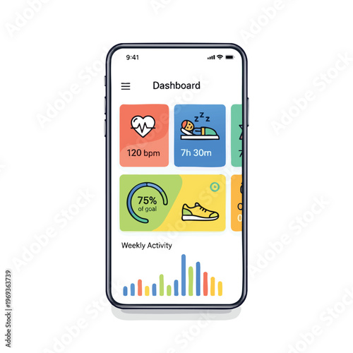 Mobile app dashboard displaying health metrics including heart rate, sleep, and activity goals