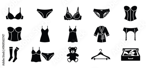 Collection of black silhouette icons representing various types of women's lingerie, sleepwear, and related items