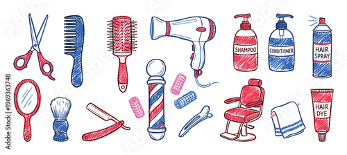 Collection of hand-drawn red and blue barber shop and hair salon tools and products in a doodle style