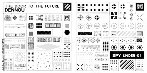 Abstract black and white geometric patterns with text and qr codes