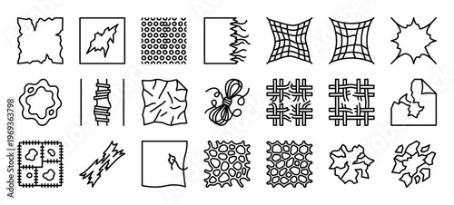 Collection of various outline icons depicting damaged, torn, and textured materials in a clean, graphic style