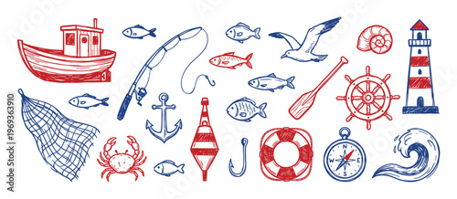 Collection of hand-drawn nautical and marine elements, including a boat, lighthouse, fish, crab, and anchor, in red and blue colors