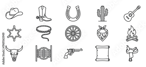 Collection of fifteen black outline western icons including a cowboy hat, boot, horseshoe, and cactus
