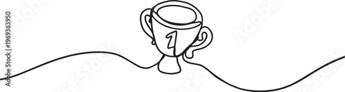 Trophy Number 1 One Line Art Vector – Minimal Continuous Line Drawing of Winner Cup, Champion Award and Success Illustration Artwork