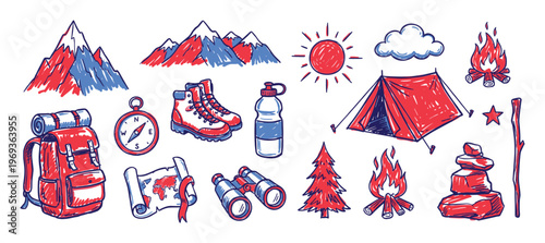 Collection of hand-drawn red and blue camping and hiking icons, including mountains, a tent, and a backpack, are vibrantly illustrated