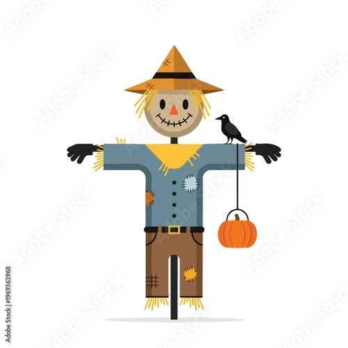 A friendly scarecrow with straw hair, wearing a hat, blue shirt, brown pants, and holding a pumpkin