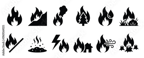 Collection of black silhouette fire icons depicting various fire-related scenarios, including forest fires, burning houses, and campfires