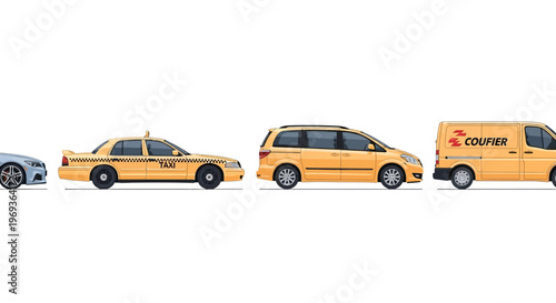 Variety of yellow vehicles taxi van and car illustrations on white background