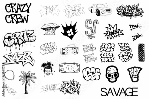 Collection of black and white graffiti style drawings and lettering