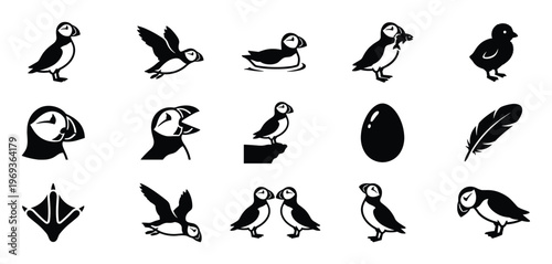 Collection of black and white puffin icons in various poses, including flying, swimming, standing, and a chick