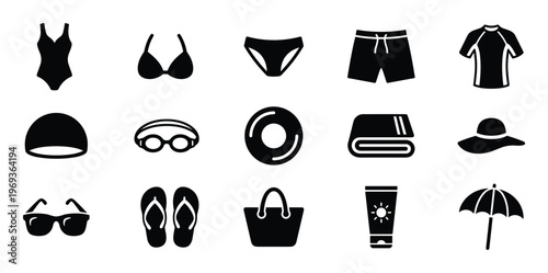 Collection of black silhouette icons representing various summer and beach accessories, including swimwear, goggles, and sunscreen