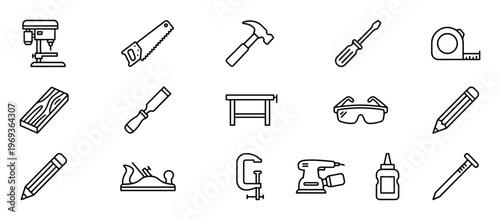 Collection of fifteen black outline woodworking tools and materials, including a drill press, saw, hammer, and wood plank, presented as simple icons