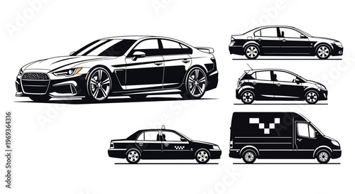 Various car illustrations in black and white against a white background