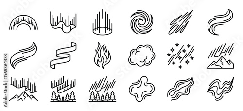 Collection of various line art icons depicting natural phenomena and abstract elements, presented in a clean, minimalist style