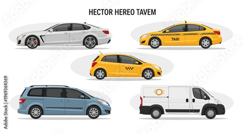 Various car illustrations in side view sedan taxi hatchback van minivan