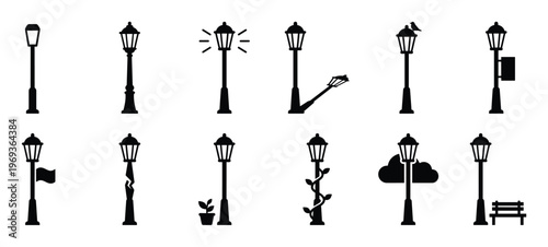Collection of black silhouette street lamps and lampposts in various styles and conditions, presented as simple icons