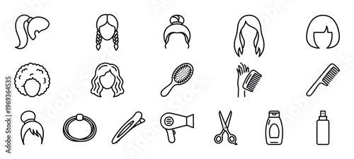 Collection of various outline icons representing different hairstyles, hair care tools, and beauty products, presented in a clean, minimalist style