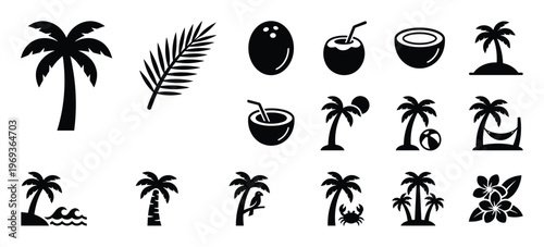 Collection of black silhouette tropical icons featuring palm trees, coconuts, and beach elements in a graphic style