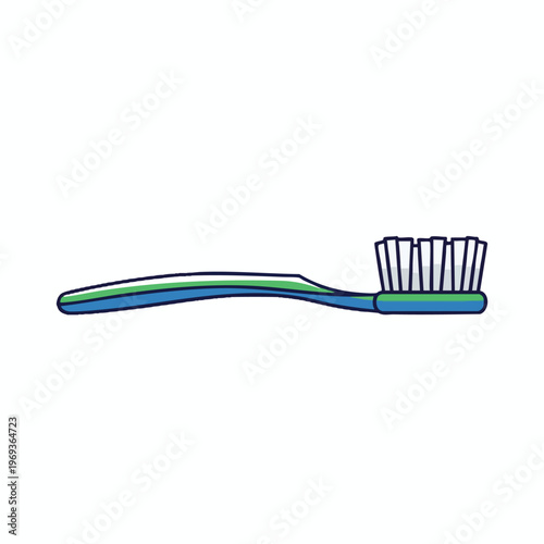 A blue and green toothbrush with bristles on a white background