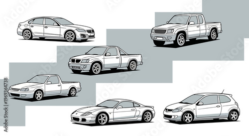 Various car models displayed in a vector illustration for design and advertising
