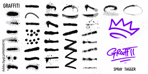 Assorted graffiti elements and spray paint strokes on a white background