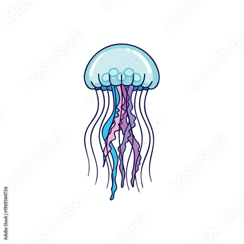A stylized, cartoonish jellyfish with a pale blue bell and flowing, multi-colored tentacles