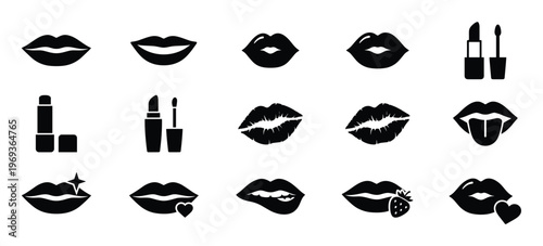 Collection of black silhouette icons depicting various lips and lipstick products in a clean, graphic style