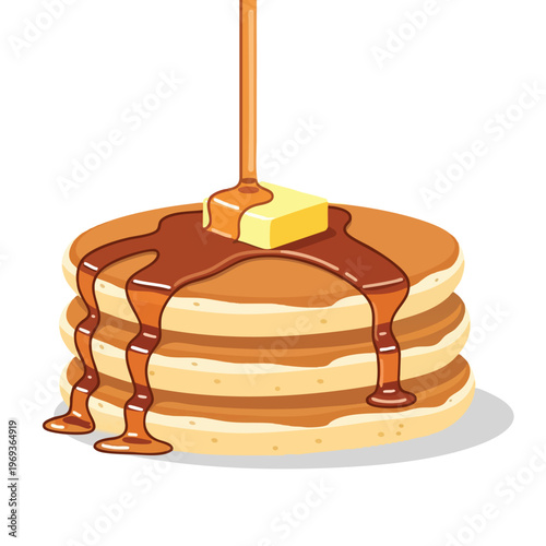 Stacked pancakes with melted butter and flowing syrup