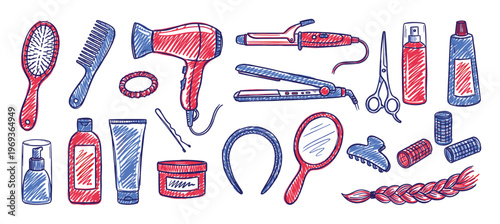 Collection of red and blue hand-drawn hair care tools and accessories in a doodle style illustration