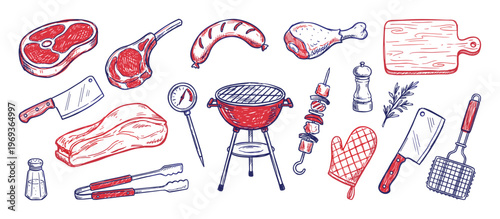 Collection of hand-drawn barbecue and meat elements in red and blue sketch style, including steak, grill, and tools