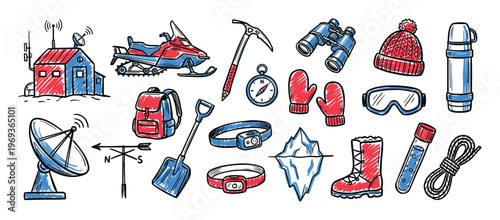 Collection of hand-drawn winter expedition and arctic research equipment in a doodle style