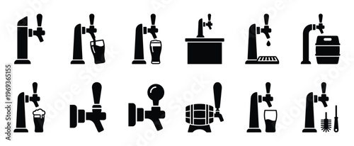 Collection of various black silhouette beer tap and dispenser icons, including pouring into glasses and barrels, presented in a clean, graphic style