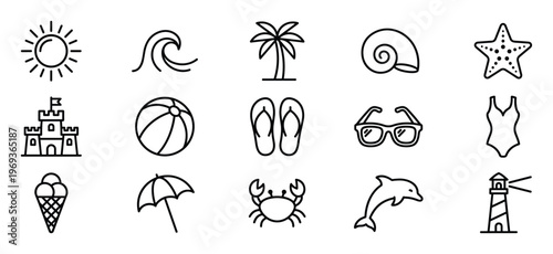 Collection of fifteen black outline summer and beach-themed icons including sun, wave, palm tree, shell, starfish, sandcastle, beach ball, flip-flops, sunglasses, swimsuit, ice cream,