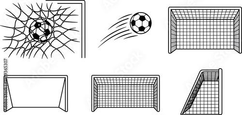Soccer goal net collection with football ball scoring concept, sports equipment line art illustrations isolated on white background for game design and tournament graphics