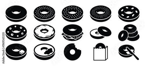 Collection of black and white bagel icons showing various preparations, toppings, and serving styles in a clean, graphic illustration