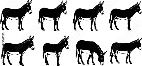 Set of donkey silhouettes in different standing and grazing poses isolated on light background farm animal collection flat vector illustration for rural livestock design
