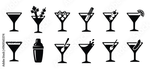Collection of black silhouette martini glasses and cocktail shaker icons in a clean, graphic style