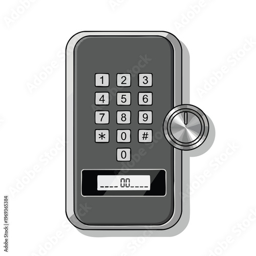 Digital keypad with dial and small screen, on white background