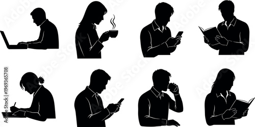 Black silhouettes of men and women set working on laptop drinking coffee using smartphone reading books and writing on tablet