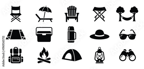 Collection of black silhouette camping and outdoor activity icons arranged neatly on a white surface