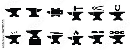 Collection of black anvil icons depicting various blacksmithing tools and processes in a clean, graphic style