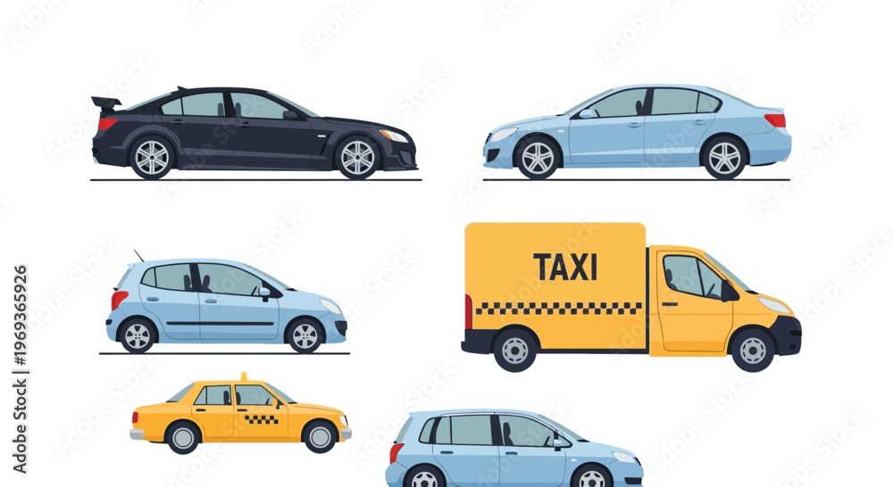 Naklejka premium Various car styles sedan hatchback and taxi vehicle illustrations