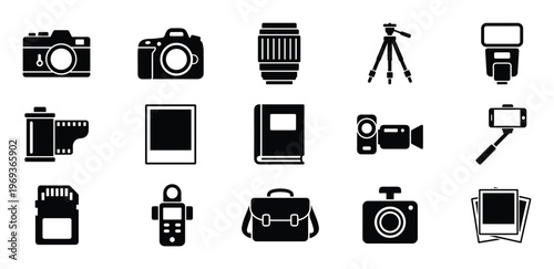 Various black photography and videography equipment icons are neatly arranged on a clean white surface, showcasing essential tools for capturing images and videos