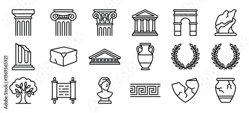 Collection of black outline icons depicting various ancient Greek and Roman historical elements and artifacts