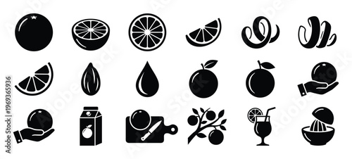 Collection of black and white citrus fruit icons depicting whole, sliced, peeled, and juiced oranges