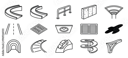 Collection of fifteen black and white outline icons depicting various road and urban infrastructure elements
